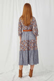 HY5037 BLUE Womens Mixed Floral Block Ruffle Neck Maxi Dress Back