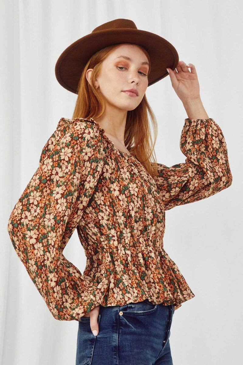 HY5043 BROWN Womens Floral Pleated Ruffle Shoulder Peplum Top Side