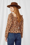 HY5043 BROWN Womens Floral Pleated Ruffle Shoulder Peplum Top Back