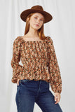HY5043 BROWN Womens Floral Pleated Ruffle Shoulder Peplum Top Front