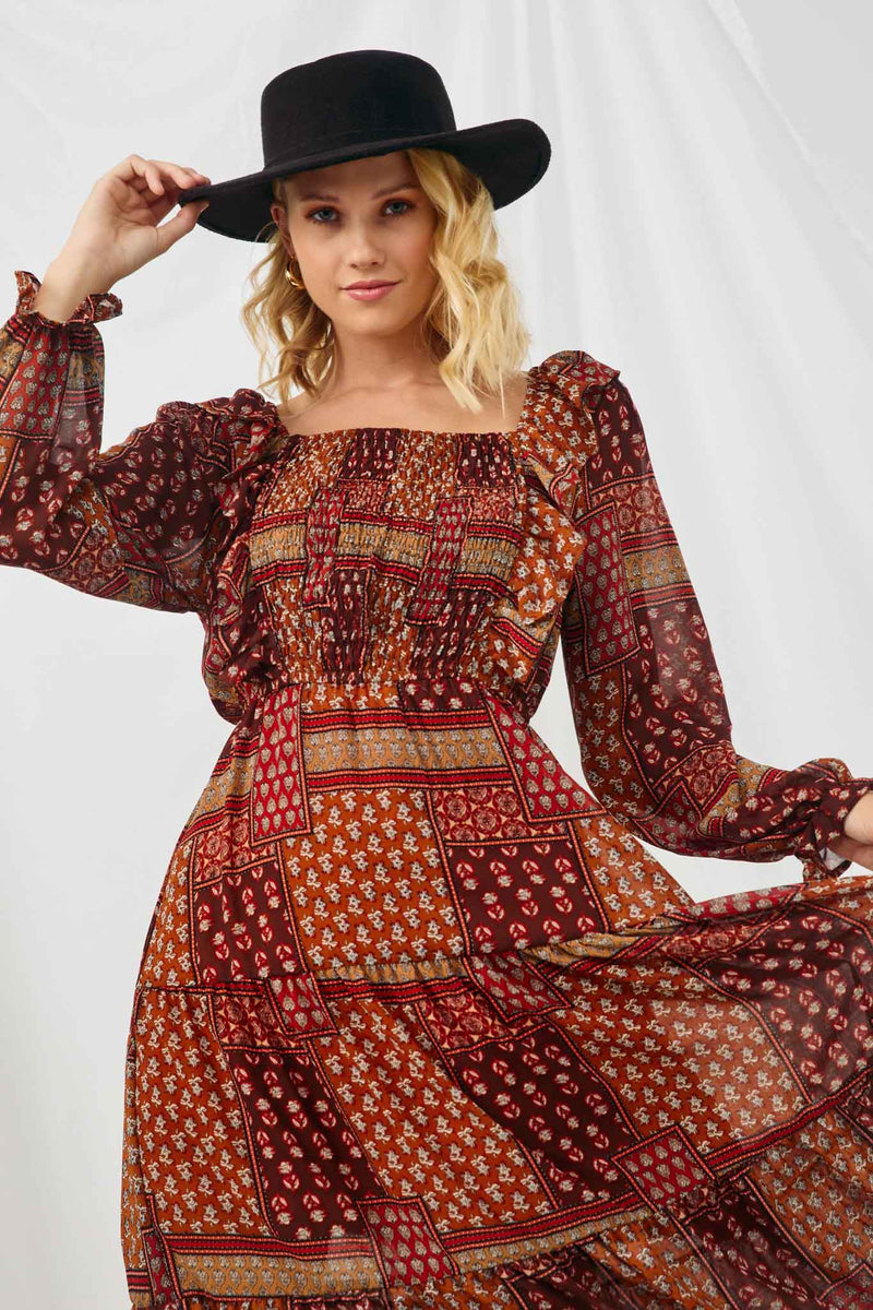 HY5044 BROWN Womens Patch Print Ruffled Shoulder Smock Detail Dress Detail