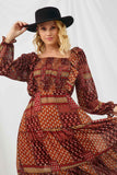 HY5044 BROWN Womens Patch Print Ruffled Shoulder Smock Detail Dress Detail