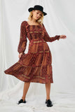 HY5044 BROWN Womens Patch Print Ruffled Shoulder Smock Detail Dress Full Body