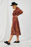 HY5044 BROWN Womens Patch Print Ruffled Shoulder Smock Detail Dress Side