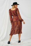 HY5044 BROWN Womens Patch Print Ruffled Shoulder Smock Detail Dress Back