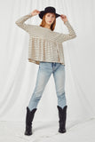 HY5054 OATMEAL Womens Striped Long Sleeve Babydoll Raglan Knit Top Full Body