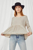 HY5054 OATMEAL Womens Striped Long Sleeve Babydoll Raglan Knit Top Front