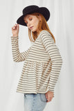 HY5054 OATMEAL Womens Striped Long Sleeve Babydoll Raglan Knit Top Back