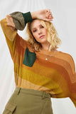 HY5070 BURGUNDY Womens Gradient Mixed Stripe Sweater Knit Pullover Pose