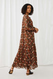 HY5081 BROWN Womens Botanical Mix Print Tassel Detail Sweeping Maxi Dress Back