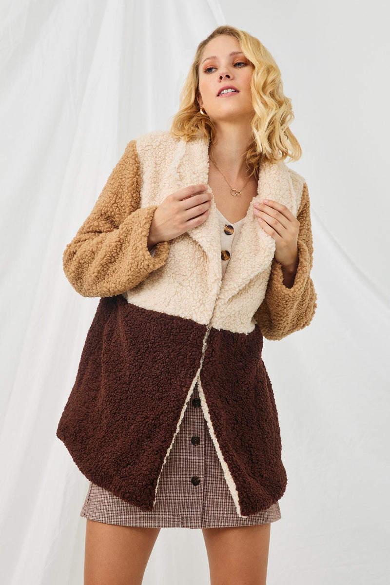 HY5083 BROWN Womens Fuzzy Fleece Collared Color Block Jacket Front