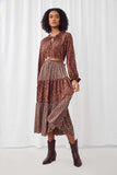 HY5098 BROWN Womens Floral Block Ruffled Tie Neck Long Sleeve Dress Full Body