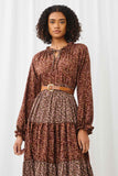 HY5098 BROWN Womens Floral Block Ruffled Tie Neck Long Sleeve Dress Detail