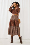 HY5098 BROWN Womens Floral Block Ruffled Tie Neck Long Sleeve Dress Front