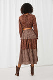 HY5098 BROWN Womens Floral Block Ruffled Tie Neck Long Sleeve Dress Back