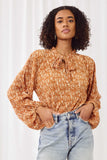 HY5100 RUST Womens Floral Velvet Look Pleated Tie Neck Top Detail