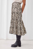 HY5127 BLACK Womens Botanical Print Elastic Waist Tiered Skirt Side