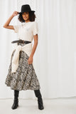 HY5127 BLACK Womens Botanical Print Elastic Waist Tiered Skirt Front