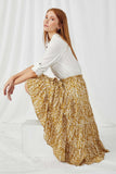 HY5127 MUSTARD Womens Botanical Print Elastic Waist Tiered Skirt Pose