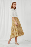 HY5127 MUSTARD Womens Botanical Print Elastic Waist Tiered Skirt Full Body