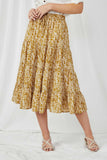 HY5127 MUSTARD Womens Botanical Print Elastic Waist Tiered Skirt Front
