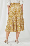 HY5127 MUSTARD Womens Botanical Print Elastic Waist Tiered Skirt Back