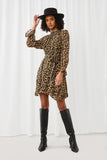 HY5165 BLACK Womens Floral Print Smocked Ruffle Neck Dress with Belt Full Body