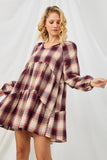 HY5216 WINE Womens Long Sleeve V Neck Plaid Dress Detail