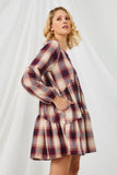 HY5216 WINE Womens Long Sleeve V Neck Plaid Dress Side