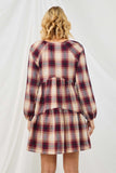 HY5216 WINE Womens Long Sleeve V Neck Plaid Dress Back