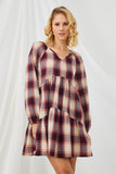 HY5216 WINE Womens Long Sleeve V Neck Plaid Dress Front