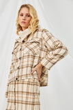 HY5249 BEIGE Womens Brushed Plaid Wide Sleeve Patch Pocket Shacket Side