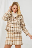 HY5249 BEIGE Womens Brushed Plaid Wide Sleeve Patch Pocket Shacket Front
