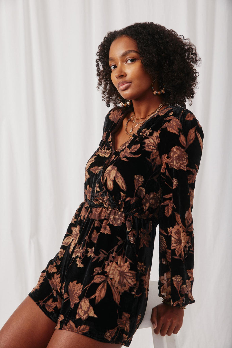 HY5298 Black Womens Floral Velvet Burnout Long Sleeve Romper Front