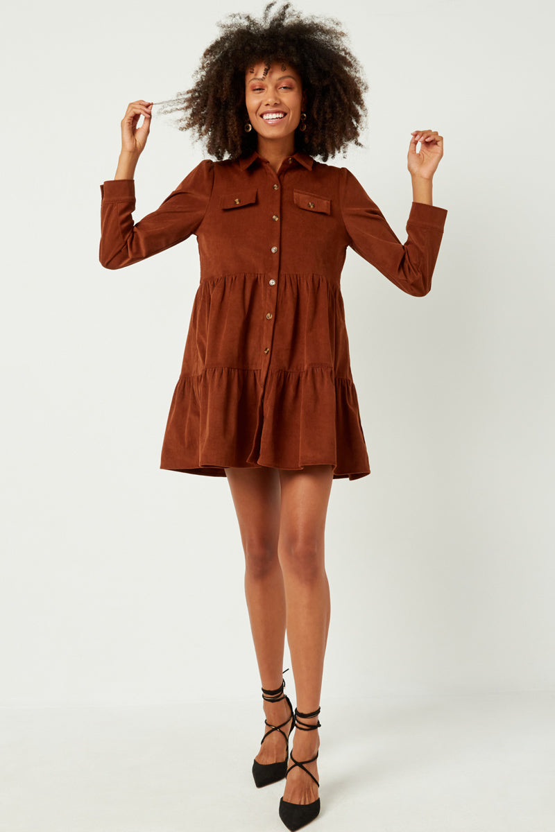 Corduroy Button Up Tiered Mini Dress