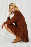 HY5304 BROWN Womens Corduroy Button Up Tiered Mini Dress Full Body