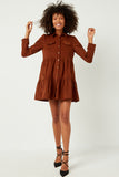 HY5304 BROWN Womens Corduroy Button Up Tiered Mini Dress Full Body