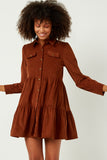 HY5304 BROWN Womens Corduroy Button Up Tiered Mini Dress Front