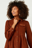HY5304 BROWN Womens Corduroy Button Up Tiered Mini Dress Detail