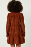 HY5304 BROWN Womens Corduroy Button Up Tiered Mini Dress Back