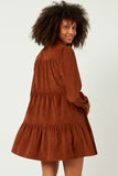 HY5304 BROWN Womens Corduroy Button Up Tiered Mini Dress Side
