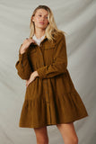 HY5304 Olive Womens Corduroy Button Up Tiered Mini Dress Front