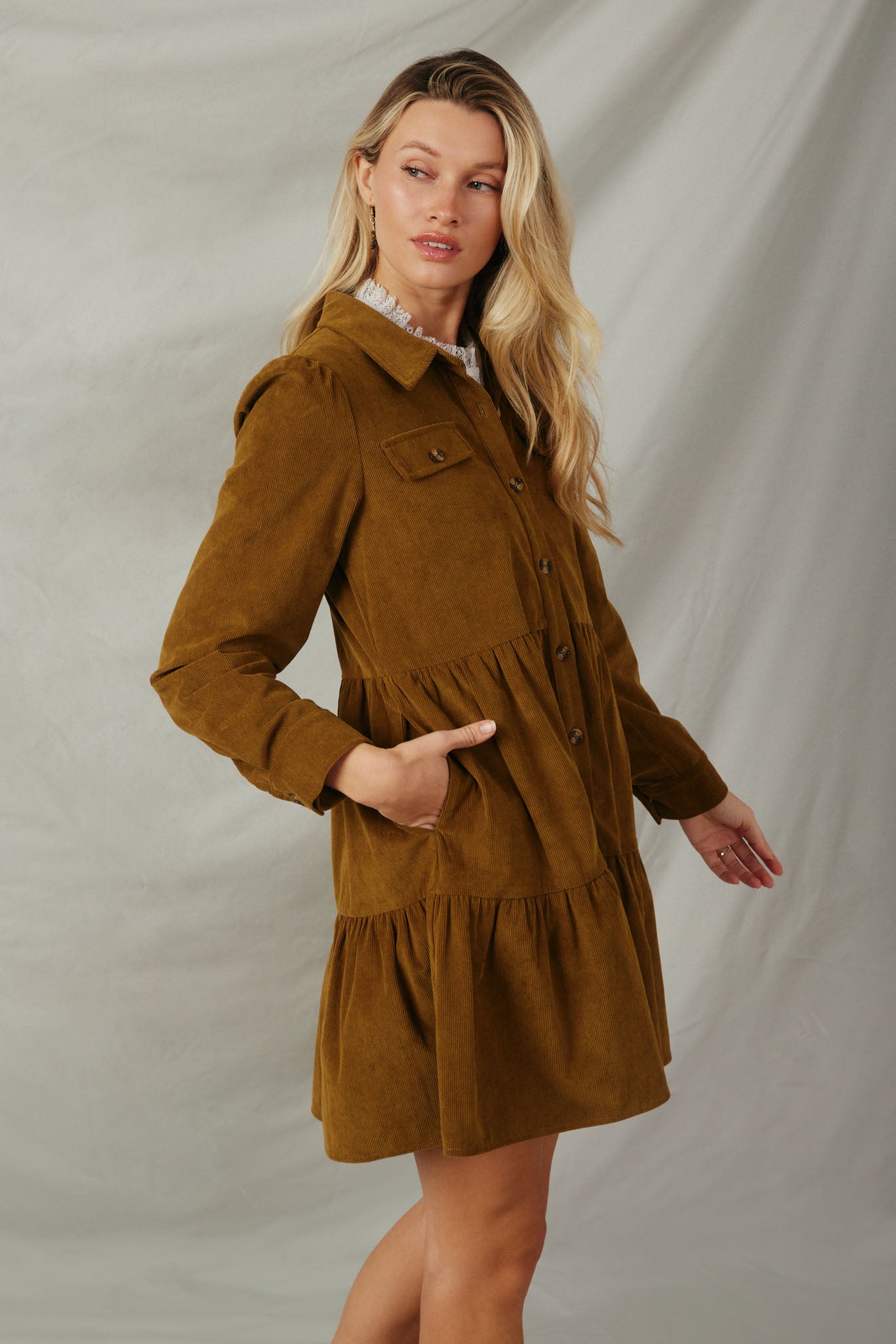 Corduroy Button Up Tiered Mini Dress Corduroy Button Up Tiered Mini Dress