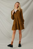 HY5304 Olive Womens Corduroy Button Up Tiered Mini Dress Pose Full Body