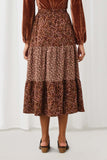 HY5342 BROWN Womens Floral Block Elastic Waist Midi Skirt Back