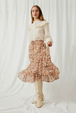 HY5425 Brown Womens Floral Printed Elastic Waist Midi Skirt Full Body