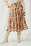 HY5425 Brown Womens Floral Printed Elastic Waist Midi Skirt Front