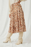 HY5425 Brown Womens Floral Printed Elastic Waist Midi Skirt Detail