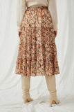 HY5425 Brown Womens Floral Printed Elastic Waist Midi Skirt Back