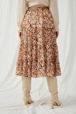 HY5425 Brown Womens Floral Printed Elastic Waist Midi Skirt Back